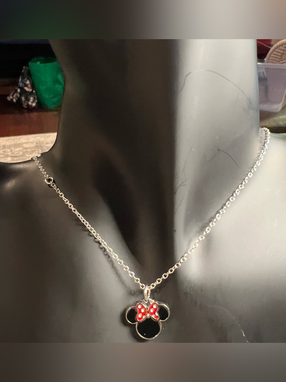 Disney New Silver Minnie Mouse Charm with Silver 18” Chain and Red Bow